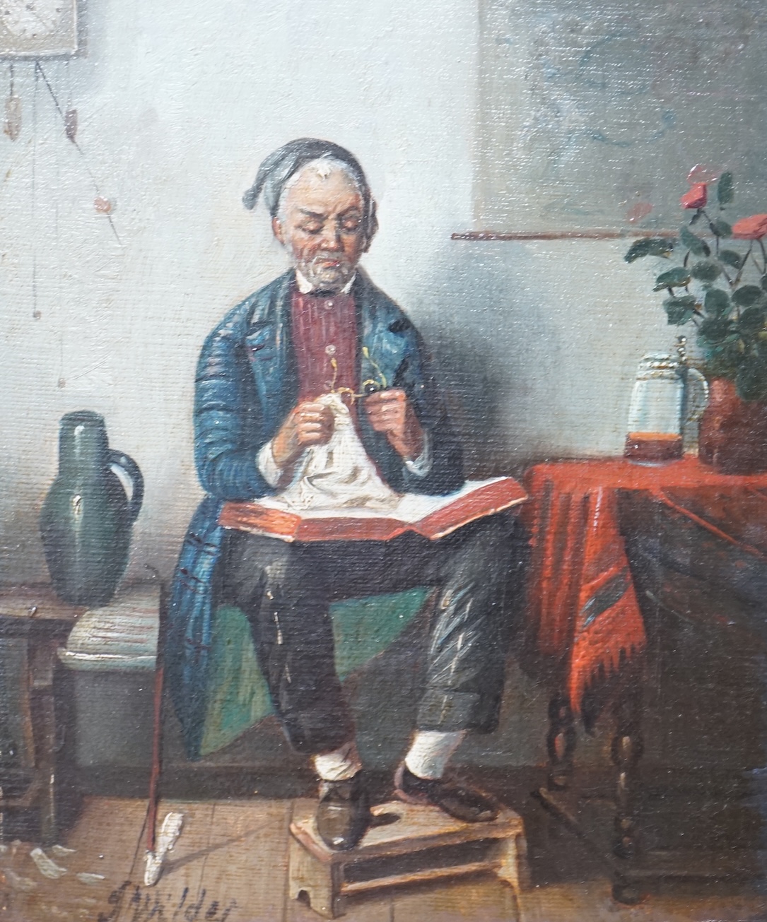 J. Wilder, oil on canvas, Interior of seated figure cleaning his glasses, a large book on his lap, signed, 19 x 15cm, ornate gilt frame. Condition - good